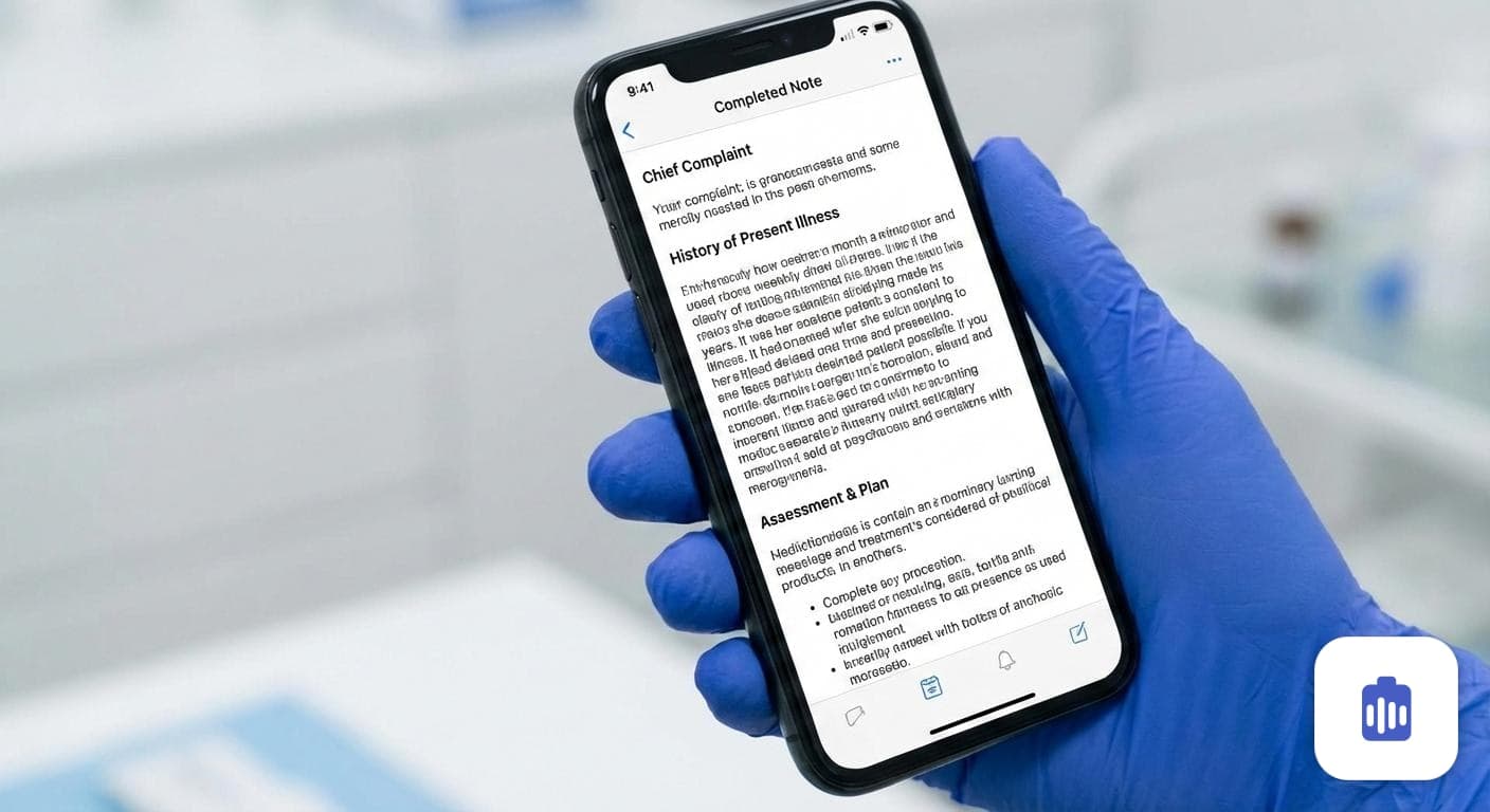 A completed SOAP note open on a phone, showing the subjective, objective, assessment and plan sections
