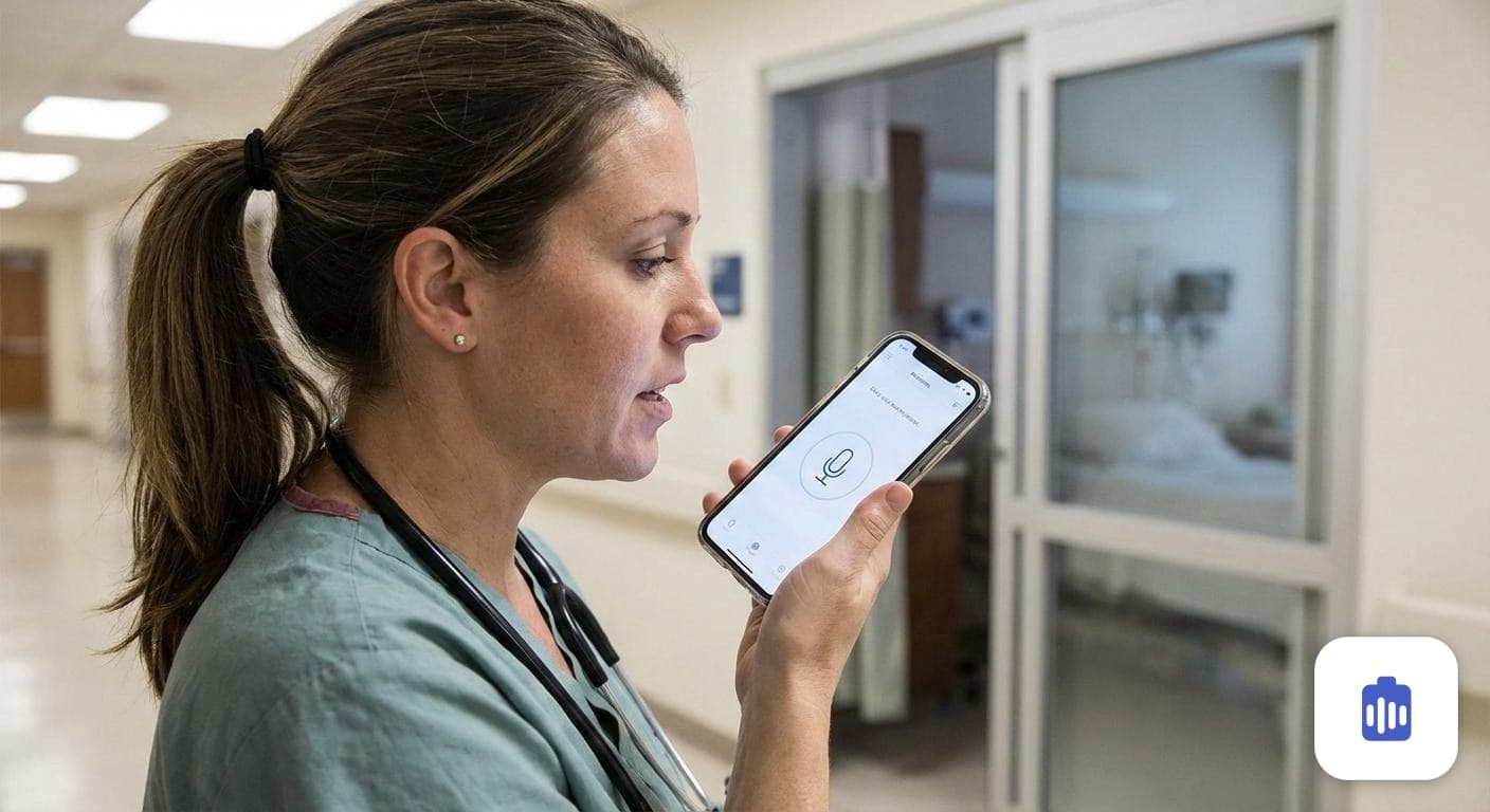 A clinician in scrubs speaking into a phone in a hospital corridor, with the recording screen open