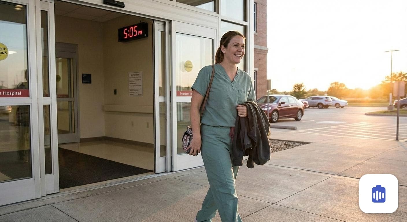 A clinician leaving the hospital at the end of a shift with the day's notes already written