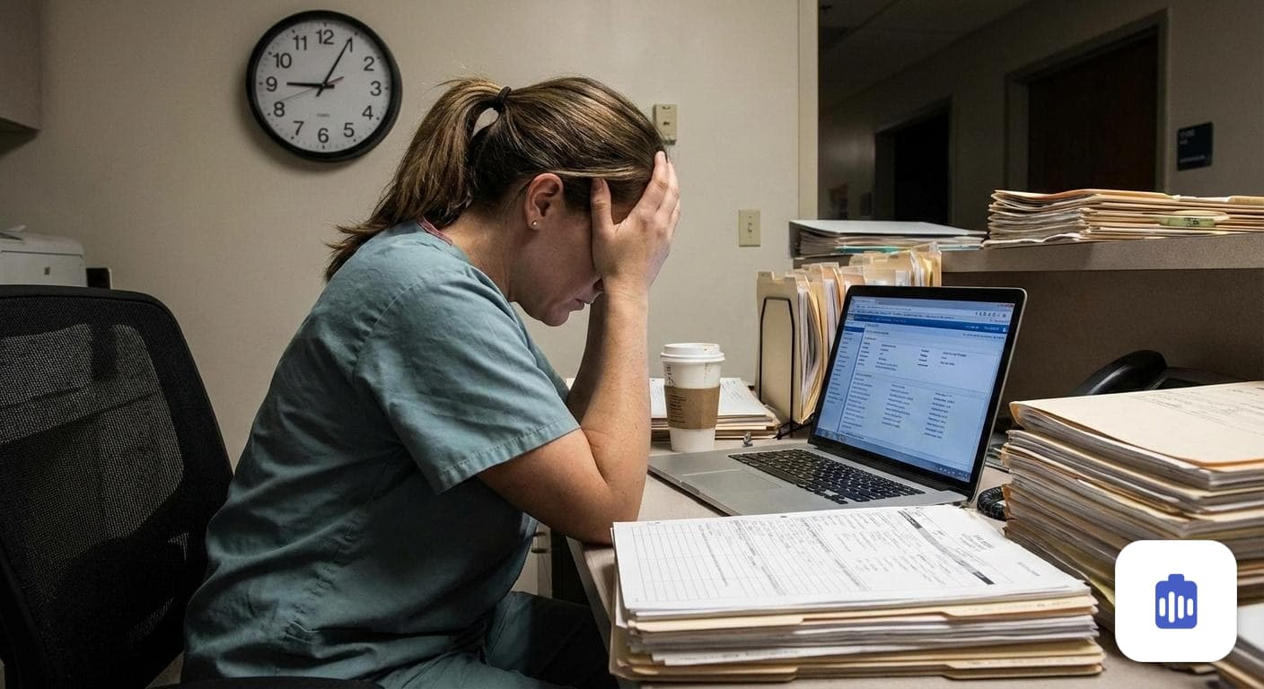 A clinician at a desk surrounded by stacks of paper charts and documentation at the end of a long day