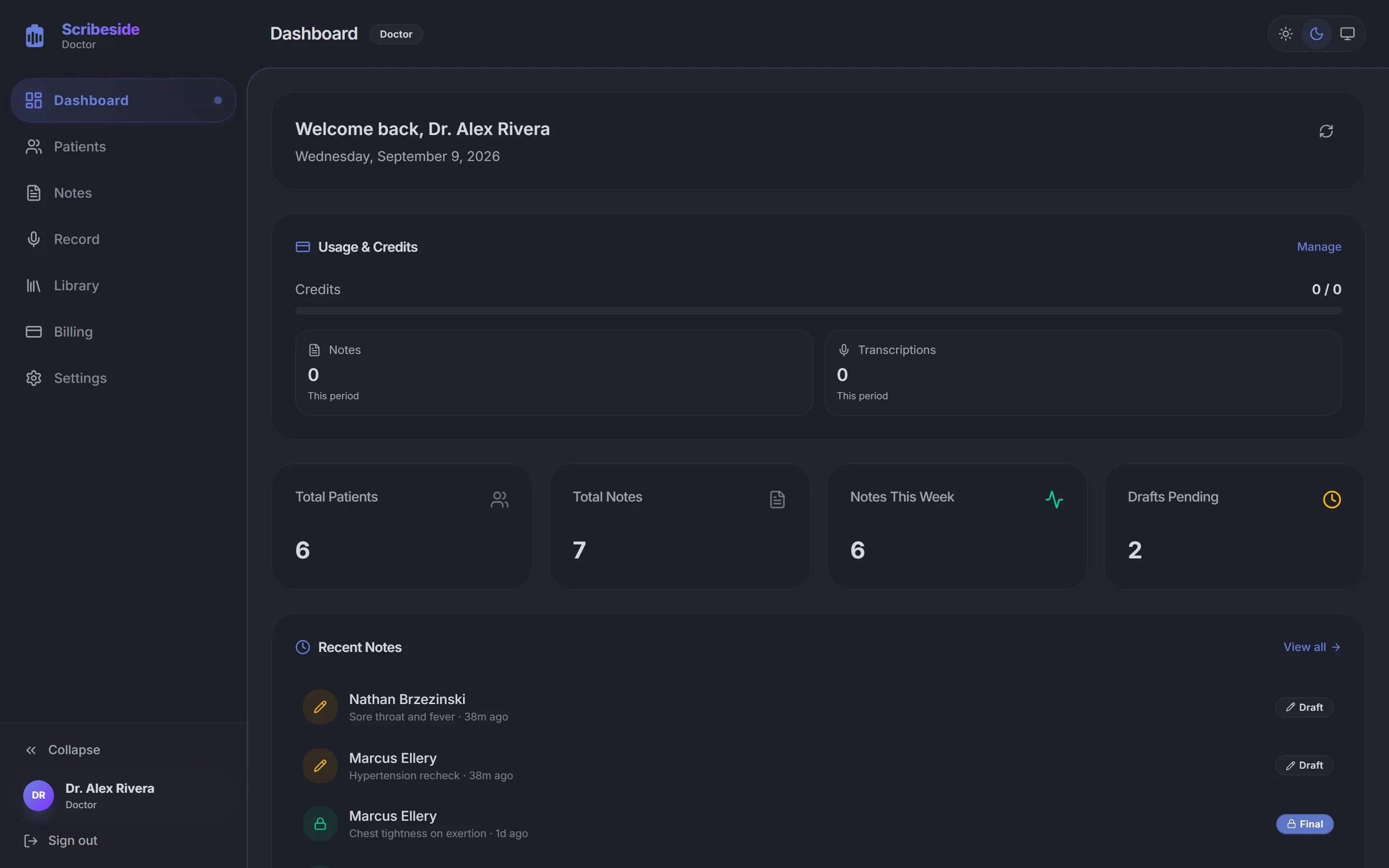 The Scribeside dashboard showing total patients, total notes, notes this week and drafts pending, above a list of recent patient notes marked draft or final