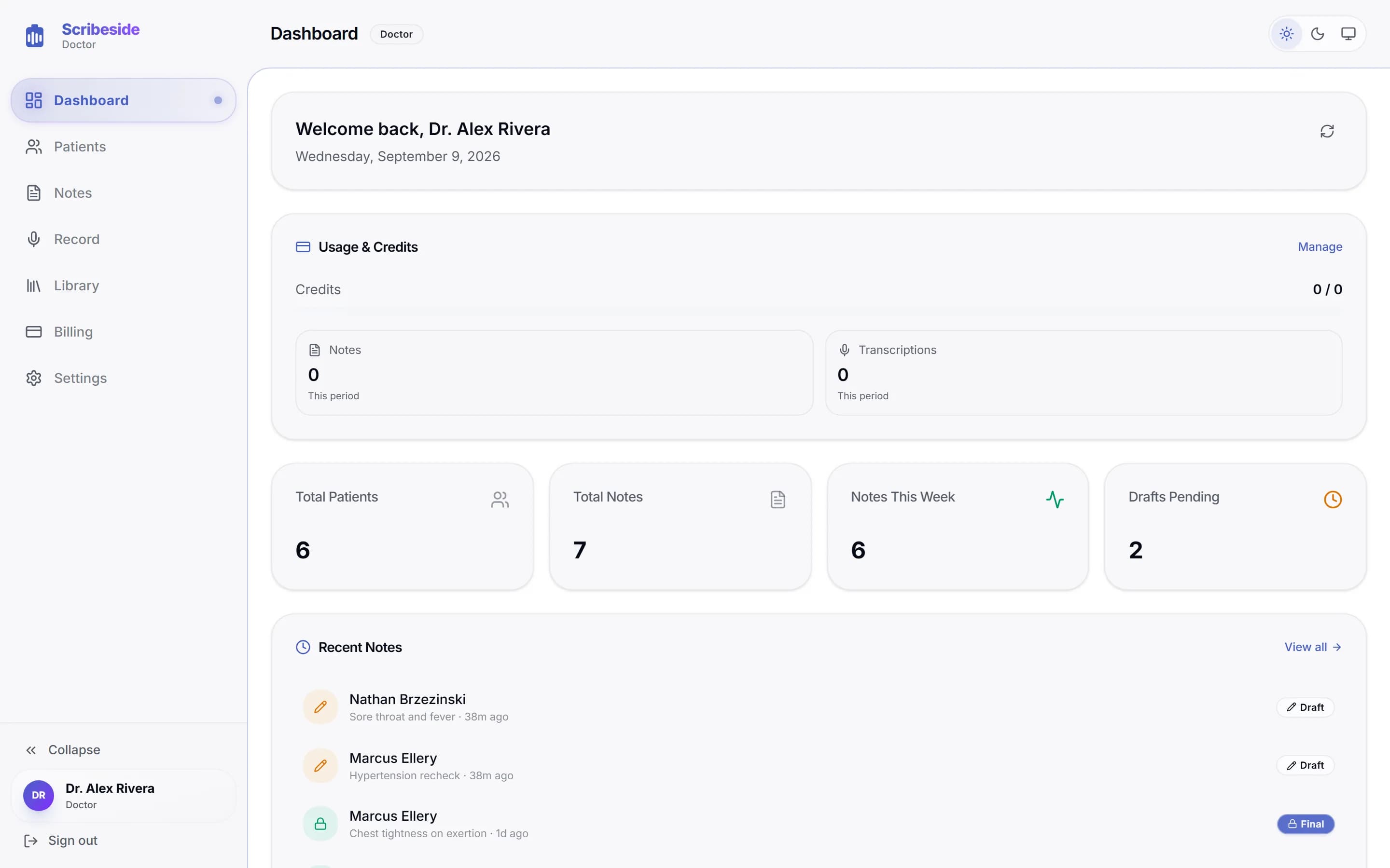 The Scribeside dashboard showing total patients, total notes, notes this week and drafts pending, above a list of recent patient notes marked draft or final