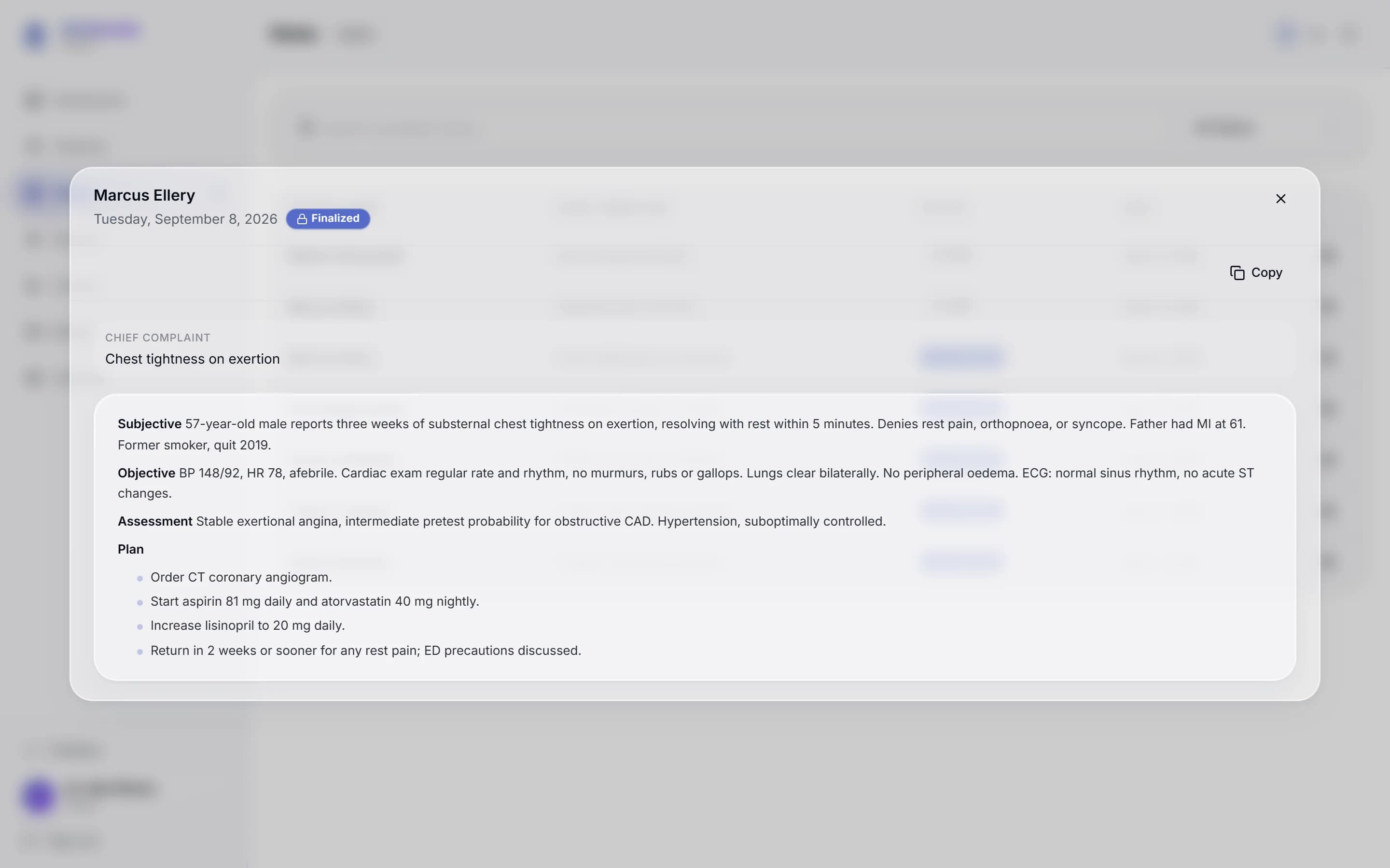 Scribeside AI medical scribe showing a completed SOAP note for a cardiology visit, with the chief complaint followed by subjective, objective, assessment and plan sections and a copy button