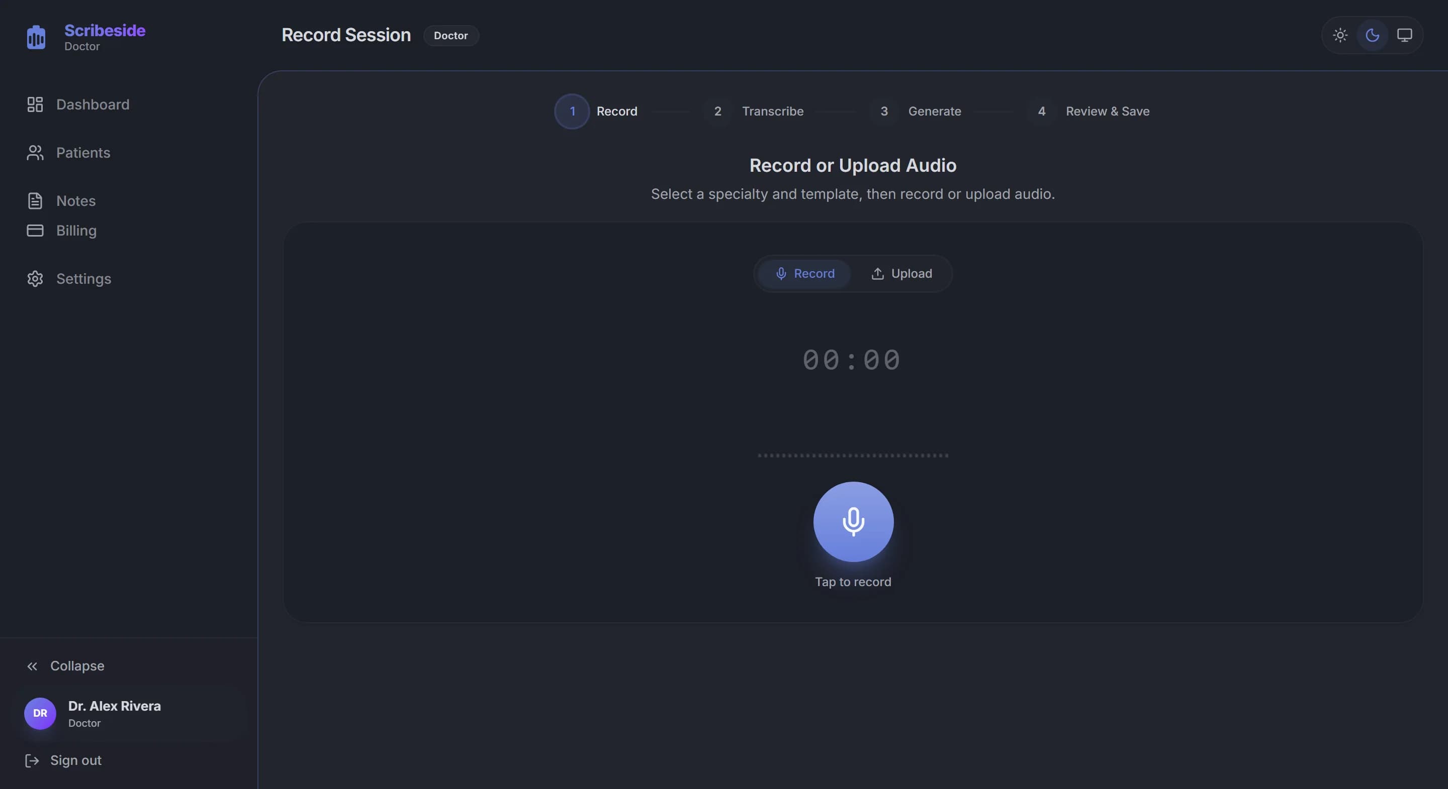 Scribeside recording screen showing the four step workflow of record, transcribe, generate and review, with specialty and template selectors and a session timer