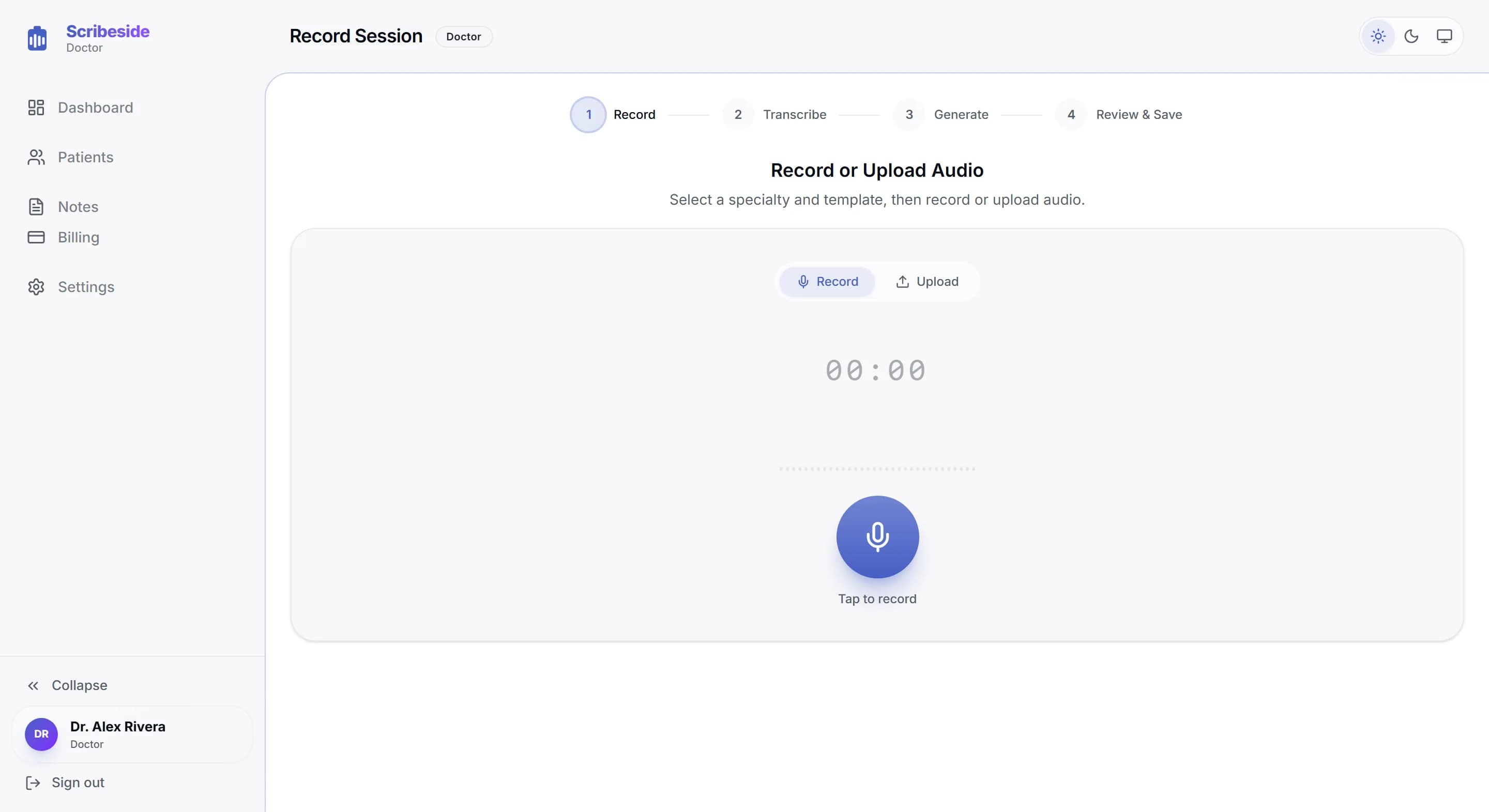 Scribeside recording screen showing the four step workflow of record, transcribe, generate and review, with specialty and template selectors and a session timer